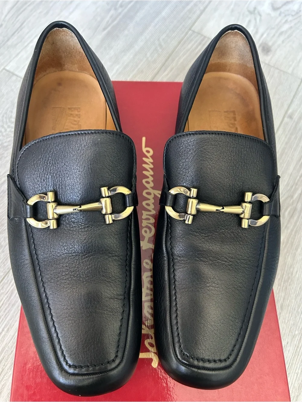 Salvatore Ferragamo Black Leather Bit Loafers with Gold Signature Hardware